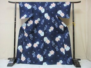 1円 良品 木綿 綿 浴衣 祭り 花火 和装 和服 紺 花柄 暈し グラデーション お洒落 可愛い 身丈160cm 裄68cm【夢職】★★★