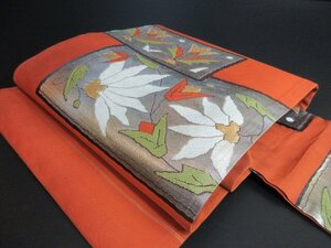 1円 良品 正絹 名古屋帯 和装 和服 アンティーク 色紙 花唐草 草花 お太鼓柄 九寸帯 高級 長さ346cm【夢職】★★★