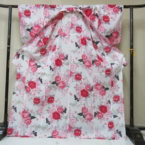 1円 良品 木綿 綿 浴衣 祭り 花火 和装 和服 白 蝶 牡丹 花柄 薔薇 お洒落 可愛い 身丈161cm 裄65cm【夢職】★★★の画像2