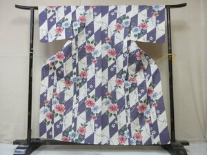 1円 良品 木綿 綿 浴衣 祭り 花火 和装 和服 市松 雪輪 花柄 草花 お洒落 可愛い 身丈150cm 裄69cm【夢職】★★★