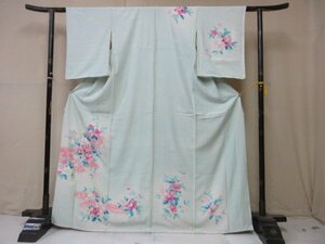 1円 良品 正絹 着物 訪問着 縮緬 式典 和装 和服 アンティーク 水色 花柄 百合 草花 おしゃれ 袷 身丈158cm 裄63cm【夢職】★★★