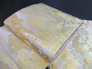 1円 良品 正絹 袋帯 引箔 和装 西陣織 雲 道長裂取 四季花 家屋 花柄 かわいい お洒落 六通柄 高級 長さ420cm【夢職】★★★