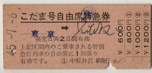 国鉄　D準硬赤　こだま号自由席特急券　東京→名古屋　中軽井沢駅発行　S45