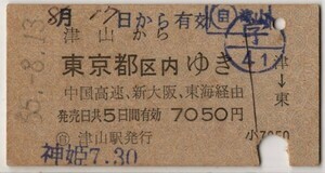 国鉄バス→国鉄　片道乗　A硬青　津山から東京都区内　中国高速、新大阪、東海経由　○自 津山駅発行　S55