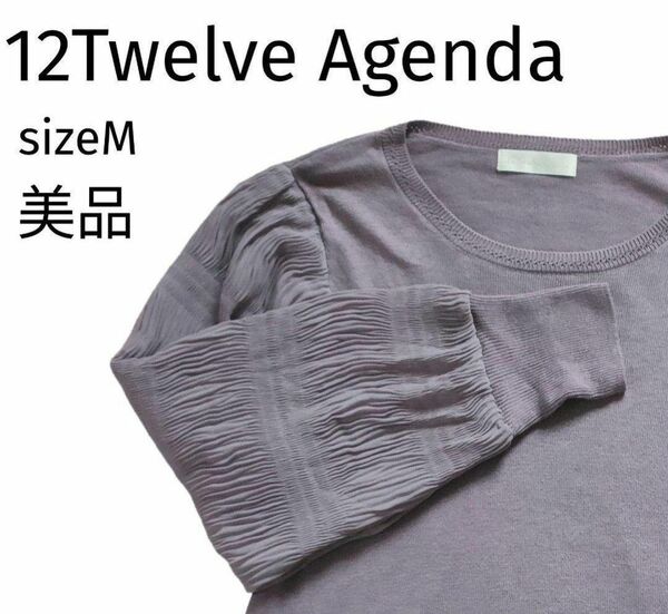 美品◆12Twelve Agenda◆トゥエルブアジェンダ◆プリーツスリーブカットソー◆パープル◆M◆春ニット◆長袖◆トップス