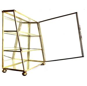 ■アンテーク調 コレクションケース 台形3段 背面底面ミラー付き ゴールドブロス真鍮フレーム ガラス張り ジュエリーディスプレイケース
