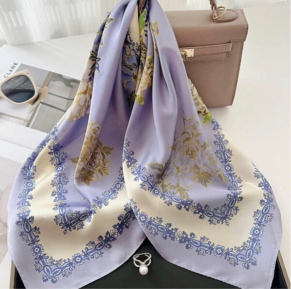 【花柄】大判スカーフ　リボン　ブルー　バッグスカーフ　韓国　ファッションスカーフ