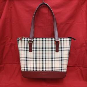 【319】★ BURBERRY バーバリー キャンバス×レザー ショルダーバッグ レッド系 ★ ハンドバッグ トートバッグ ノバチェック ★ 中古品