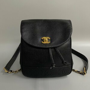 1円 極 美品 シール有 CHANEL シャネル トリプルココ キャビアスキン レザー チェーン ミニ リュックサック バックパック ブラック 10308