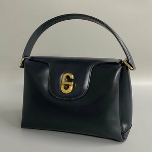 1円 美品 GUCCI グッチ オールドグッチ ロゴ 金具 ターンロック カーフレザー ハンドバッグ セミ ショルダーバッグ ネイビー 32046