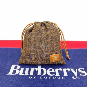 未使用保管品 希少品 Burberrys バーバリーズ ヴィンテージ シャドーホース ロゴ 総柄 コットン ポーチ 巾着 ブラウン 茶 34406