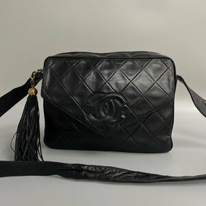 1円 美品 シール有 CHANEL シャネル マトラッセ ラムスキン デカココ フリンジ ワン ショルダーバッグ ポシェット ブラック 14732