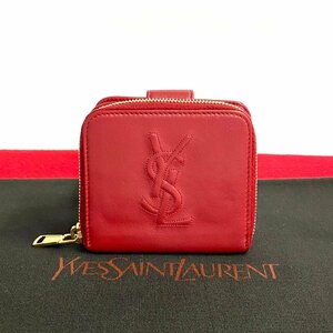 極 美品 YVES SAINT LAURENT イヴ・サンローラン YSL カサンドラ ラウンドファスナー レザー 二つ折り 財布 ミニ ウォレット レッド 18896