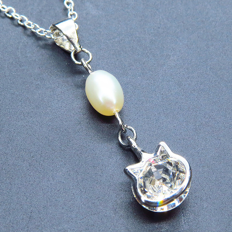 Silver 925 Cute cat frame Swarovski (9 colors to choose from) and freshwater pearl necklace for adults, Handmade, Accessories (for women), necklace, pendant, choker