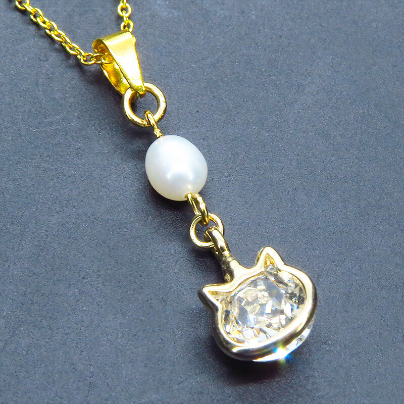 18K镀金银925可爱猫咪框架施华洛世奇(9种颜色可选)和淡水珍珠成人项链, 手工制作的, 配饰(女士), 项链, 吊坠, 颈链