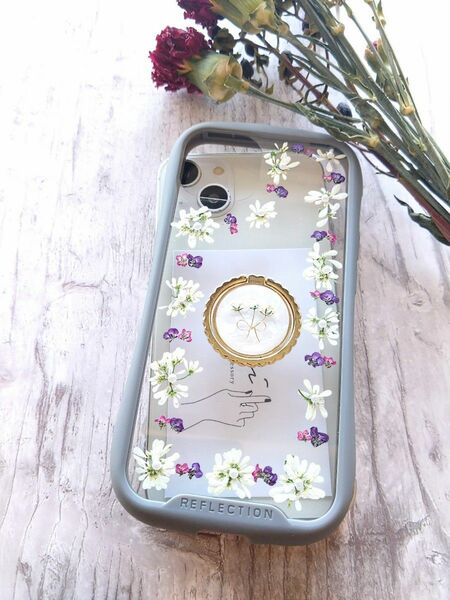 iPhoneケース　スマホケース　ハンドメイド　リング付き　お花のスマホカバー
