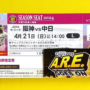 通路近 1枚 4月21日（日）レフト 外野指定席 下段 阪神タイガース vs 中日ドラゴンズ 甲子園球場 4/21 1席 お一人 キャップ プレゼントデーの画像1