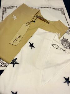 レディースTシャツ Vネック コットン （ベージュ）星型刺繍入綿100% 半袖　M〜L