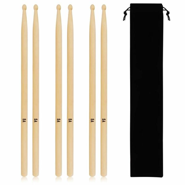 ドラムスティック5A メイプル製 ドラム練習用 3ペアセット（6本組み）