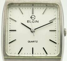 【エルジン　1円～】　◎ELGIN◎　白文字盤　スクエア　シルバー　腕時計　クォーツ　稼働　メンズ　B8514_画像2