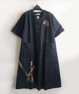 日本製 らくぎ 綿100% ゆったり ワンピース M-L 着物 和柄 紺色 ネイビー コットン 藍 デニム 半袖 前開き ボタン 清涼感 アップリケ