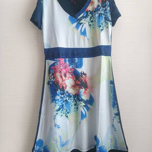 英国インポート 花柄レース袖ワンピース UK10 ネイビー/イギリス MANDI フラワープリント Tシャツワンピース カットソーワンピース 半袖