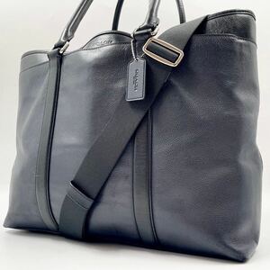 【極美品】コーチ COACH メンズ ビジネス トートバッグ ショルダーバッグ 2way ロゴ 型押し レザー 本革 ブラック ネイビー A4◎ 肩がけ 