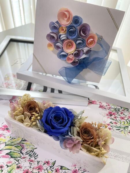 お値下げ!*爽やか大人*プリザーブドフラワー*紫陽花・薔薇ブルー*カード付き!プリザーブドフラワー アレンジ 陶器