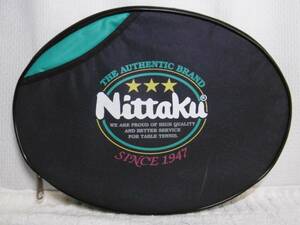 ☆卓球ラケットケース ニッタク/Ｎｉｔｔａｋｕ １本入 楕円形 + 小物ポケット　黒／緑 ナイロン製☆中古品