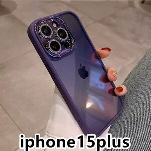 iphone15plusケース レンズ保護付き　透明　 耐衝撃 紫125