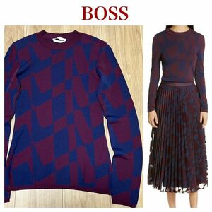 ★送料360円★高級 BOSS by HUGO BOSS ヒューゴ ボス イタリア製 総柄 ニット セーター レディース 長袖 ストレッチ入り 美品 R-5783