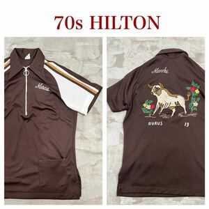 【送料360円】70s ビンテージ HILTON ヒルトン 半袖シャツ ポリエステル 刺繍 ハーフジップ レディース 米国製 ヴィンテージ USA製 R-2997