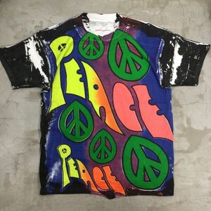 【送料360円】古着 used clothing プリントTシャツ 総柄 メンズ 男性用 PEACE カラフル トップス カットソー K-2407