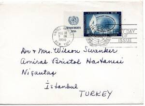  modified postal [TCE]77103 - UN / New York department *1956 year * person right * Turkey addressed to . paper 