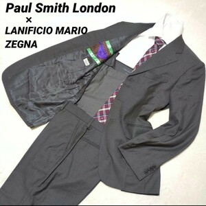 1円~【極美品】ポールスミスロンドン Paul Smith London セットアップ スーツ グレー M LANIFICIO MARIO ZEGNA Super 120's 裏地柄 背抜き