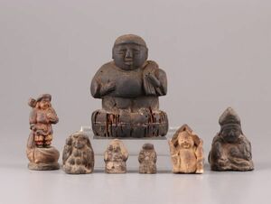 仏教美術 時代木彫 大黒天 置物 七点 時代物 極上品 初だし品 C5635