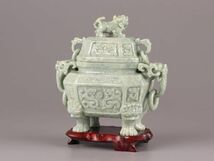 中国古玩 唐物 緑砡石 翡翠 置物 遊環 香炉 時代物 極上品 初だし品 C5738_画像3