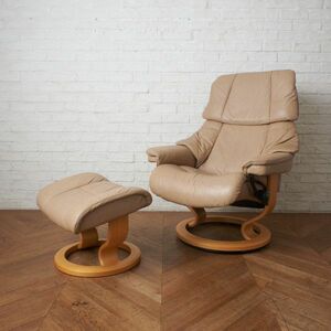 IZ79701F★定41万 EKORNES レノ 総本革張り ストレスレスチェア & オットマン 一人掛け リクライニング 北欧 モダン ノルウェー エコーネス