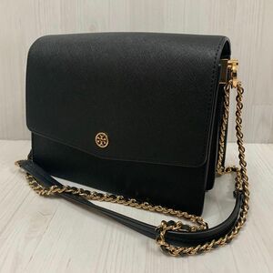 美品 TORY BURCH トリーバーチ ロビンソン フローラル レザー チェーン クロスボディ ショルダーバッグ ブラック 黒