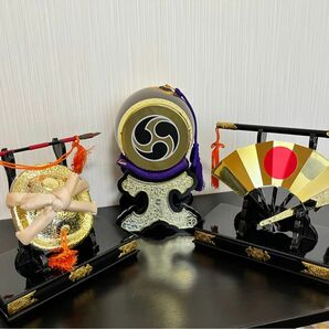 ５月節句飾り３点セット 軍扇・陣笠・陣太鼓 三品 台付き 端午の節句 こどもの日 五月人形 初節句 昭和レトロ