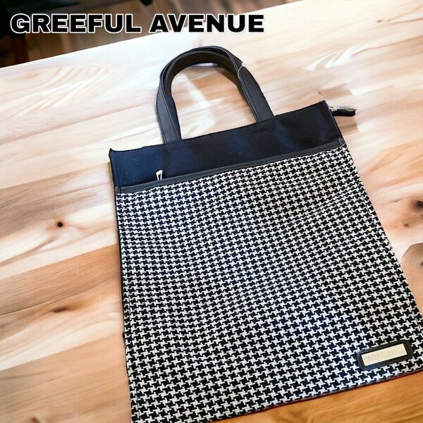 美品 GREEFUL AVENUE トートバッグ 千鳥柄 手さげ ファスナー 黒 ブラック