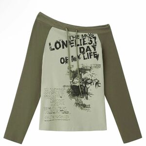  オフショルダーカットソー　カーキ　オフショル　00's vintage y2k グランジ パンク 長袖 ロンT Tシャツ
