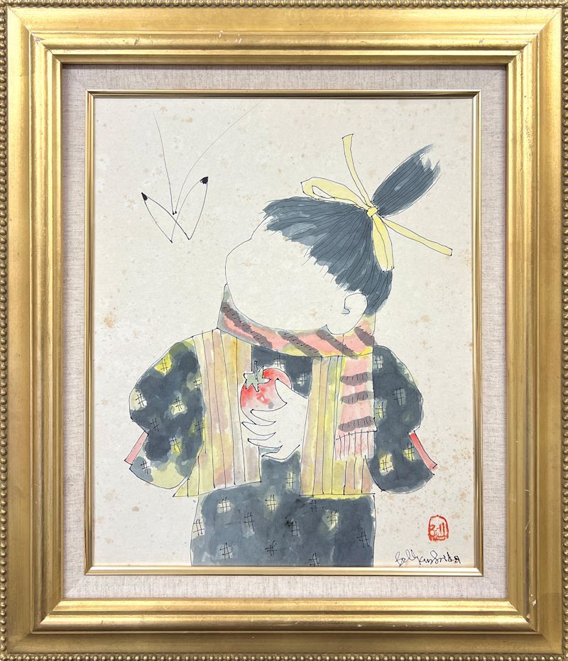 [FCP] Guaranteed authentic Bell Kushida watercolor painting No. 8 on colored paper Girl Director of Nikakai Bell Kushida Memorial Museum opened, Painting, Oil painting, Portraits