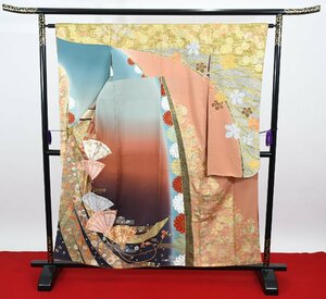  small long-sleeved kimono coming-of-age ceremony wedding .. gold paint flower length 151cm sleeve length 63.5cm * kimono f-918 Sakura garden . clothes shop 