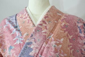 小紋 着物 単衣 蝶々 縞模様 身丈152cm 裄丈 67.5cm ★ kb-5714 桜庭呉服店