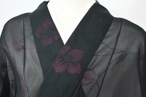 小紋 夏物 薄物 花 黒赤系 身丈152cm 裄丈64.5cm ★着物 ia-940 桜庭呉服店