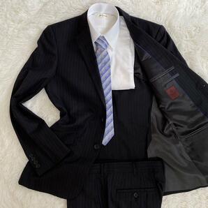 タケオキクチ【大きいサイズ XL】TAKEOKIKTCHI スーツ セットアップ 4 ストライプ ウール シルク 背抜き 最高級ライン ブラック 黒の画像1