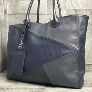 1 jpy ~ high capacity Beams BEAMS tote bag business bag all leather A4 possible PC commuting men's dark navy navy blue color switch patchwork 