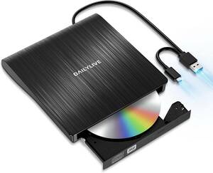 [YON-A60229238] DAILYLIVE ブラック 外付けDVD/CDドライブ DVD-Rプレイヤー USB3.0&Type-C両用 Window Linux Mac 対応 読み出し&書き込み