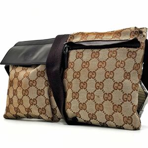 1円【高級品】GUCCI グッチ ショルダーバッグ ウエストポーチ ボディ GG柄 シルバー金具 レザー キャンバス ベージュ ブラウン レディース